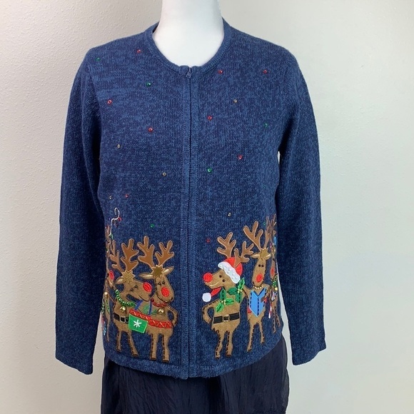 Singing reindeers cotton zip up vintage Tiara International Christmas sweater - Picture 3 of 11